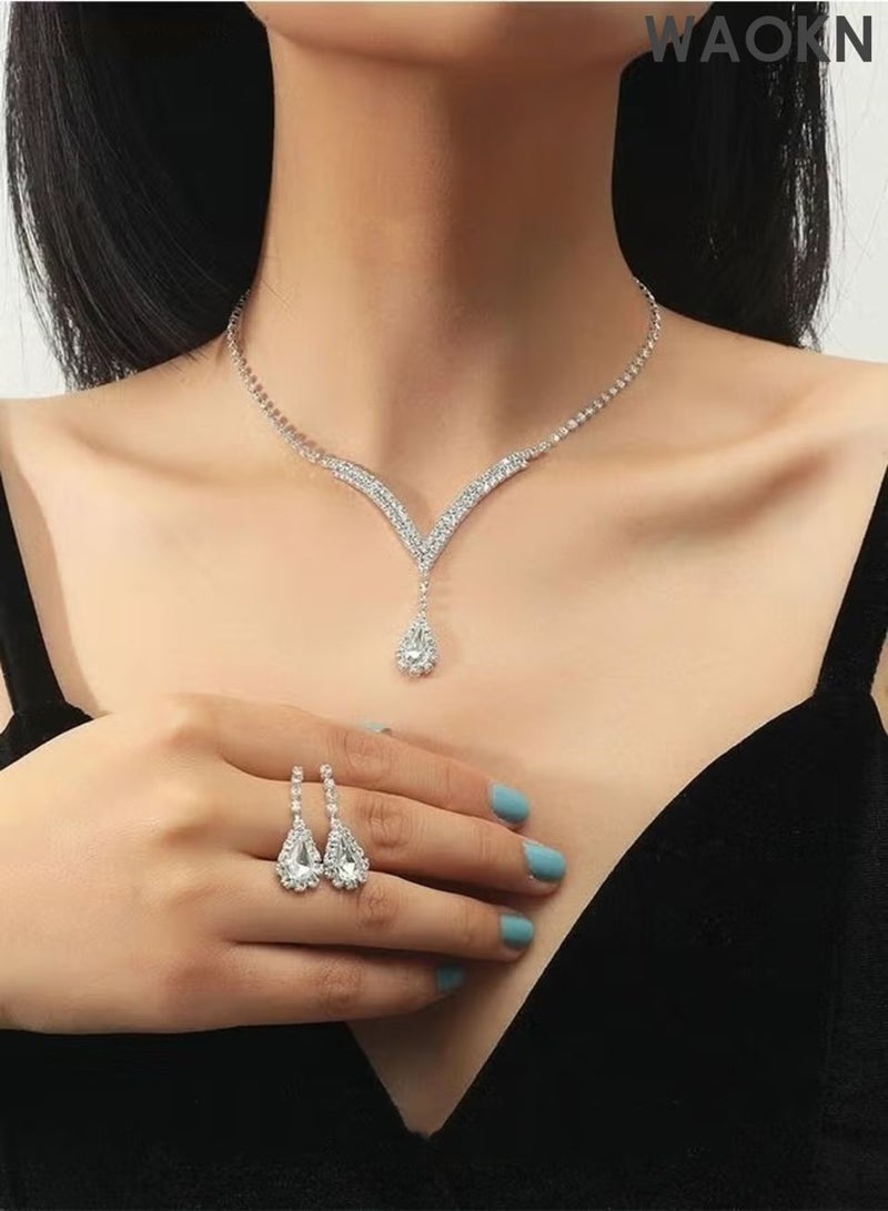 WAOKN 2 Piece Jewelry Set of Necklace and Earrings Shiny teardrop shape Diamond Chic Rhinestone Decor Jewellery Set , suitable for Women , Ladies , Gift for Girlfriend Wife Mother Bridesmaids Wedding Party Accessories , unisex , silvery. - Image 5
